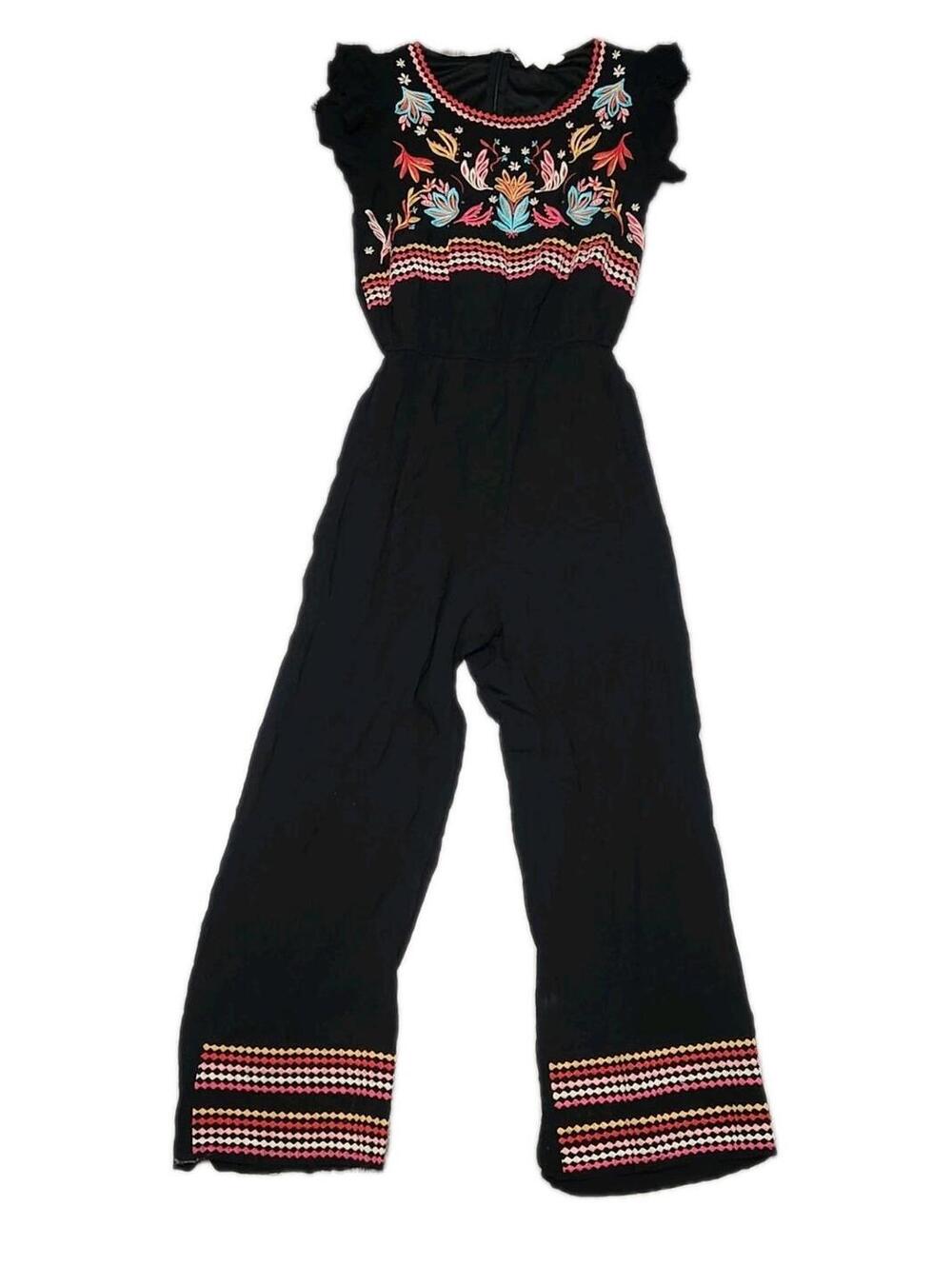 Savannah Jane Embroidered Jumpsuit Size Small Black Boho Hippie